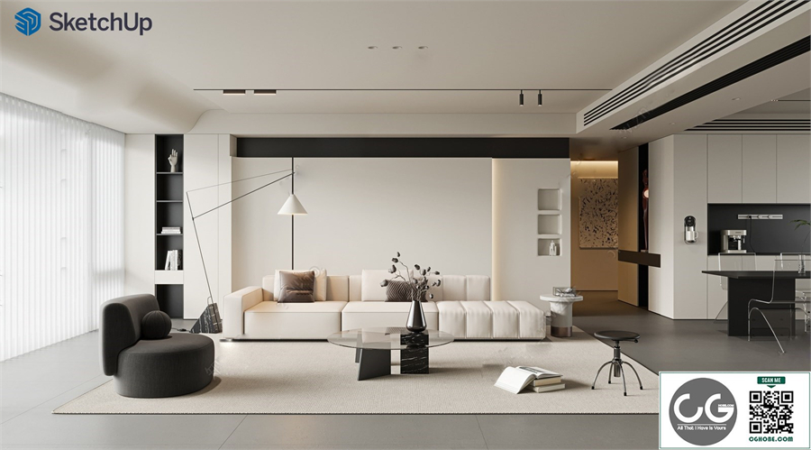 Minimalist modern and exquisite living room and dining room SU model 