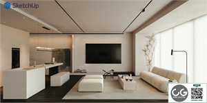 Wabi-sabi style minimalist living room and dining room SU model 