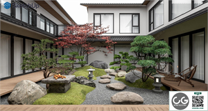 New Chinese style villa courtyard garden SU model