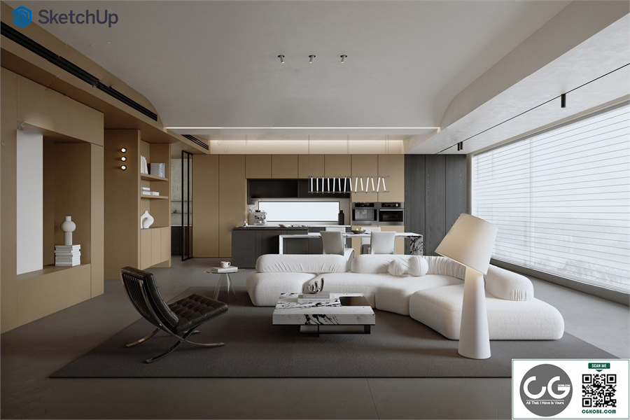 Modern exquisite living room and dining room SU model 