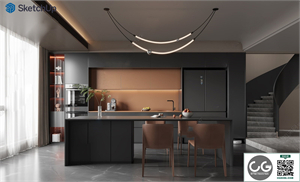 Modern home bar area_center island table and chairs_restaurant cabinet SU model 