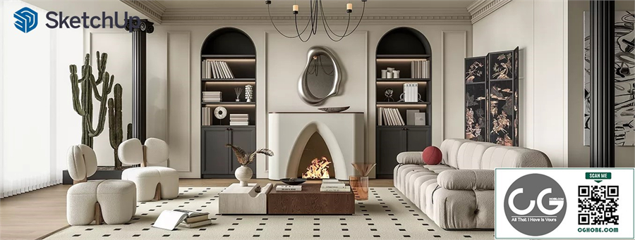 French style villa medieval living room SU model 