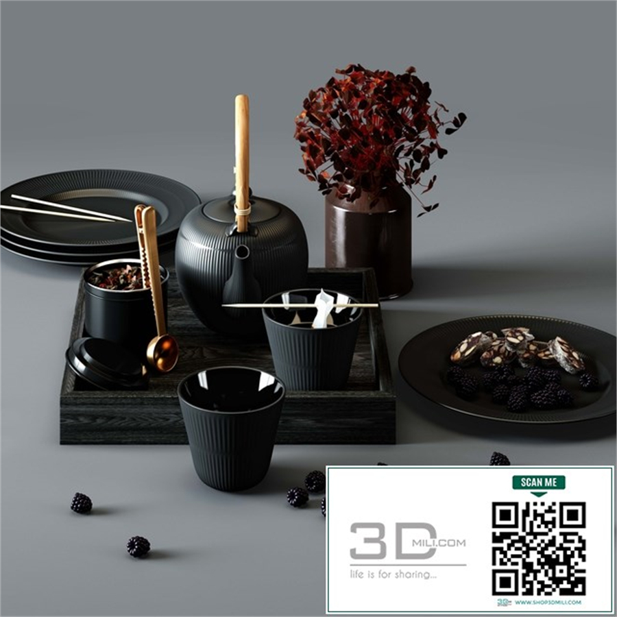 BLACK FLUTED set - thermal teapot, plates and cups
