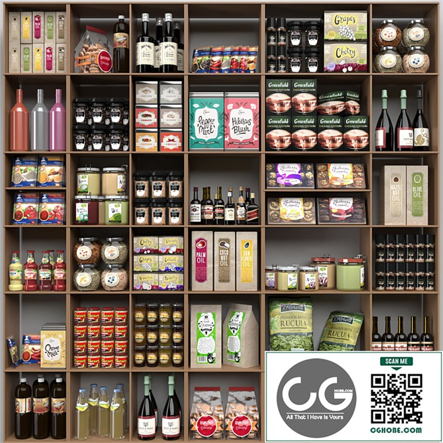 Showcase with spices, sauces in a supermarket or home pantry