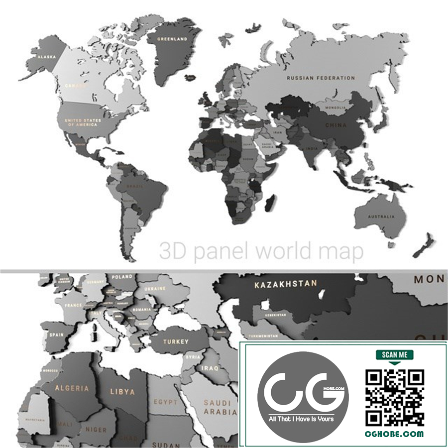 Wooden panel - world map GRAY