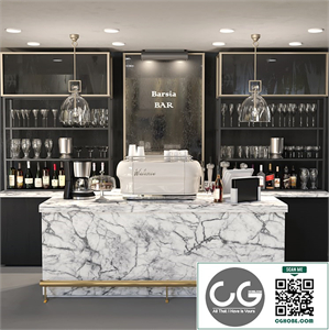 Design project of a bar with a marble bar and wine. Alcohol
