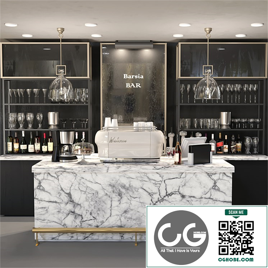 Design project of a bar with a marble bar and wine. Alcohol