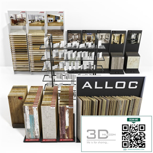 Exhibition stands with samples of laminate, porcelain tile, stucco molding