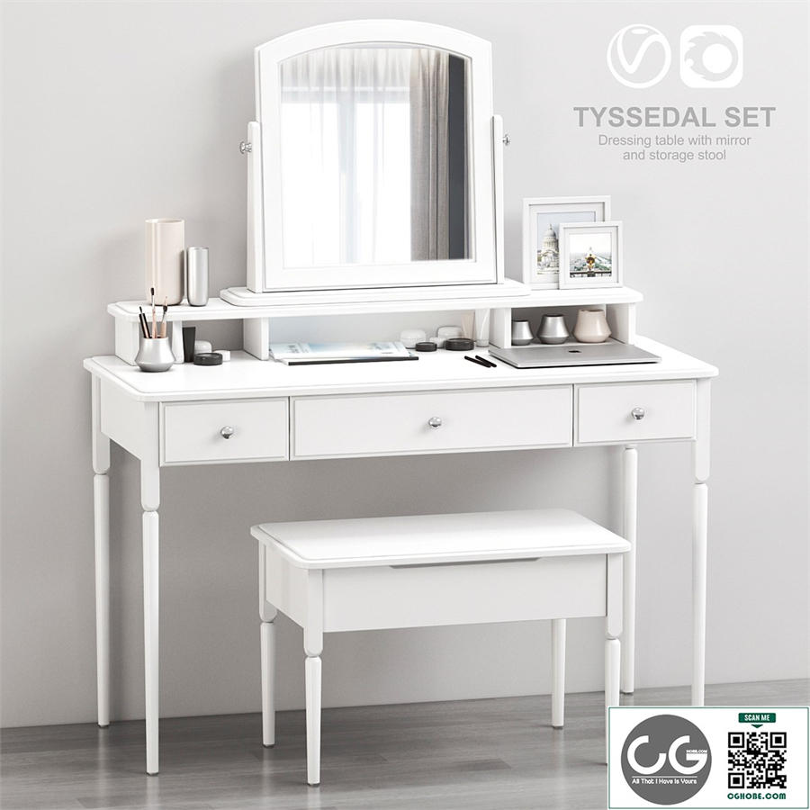 IKEA TYSSEDAL Dressing table with mirror and storage stool, white