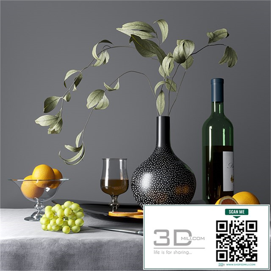 Still life with fruits, dishes and cognac