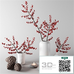 Branches with red berries in white vases
