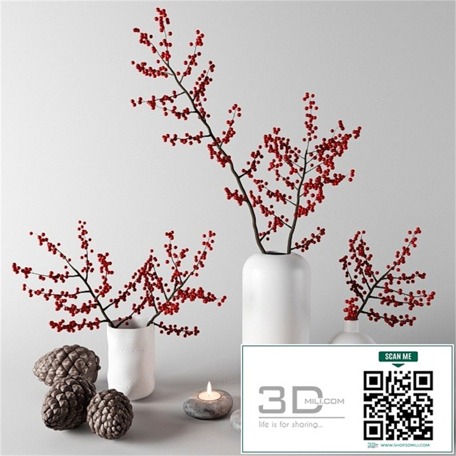 Branches with red berries in white vases