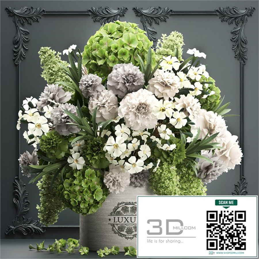 A beautiful lush modern bouquet of white green flowers in a luxury vase with a molded frame, hydrangea, lilac, peonies, oleander. Set 90.