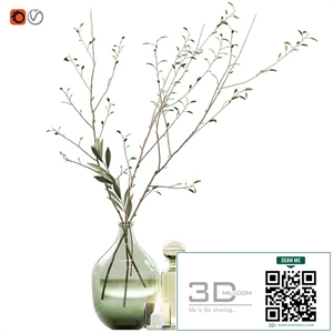 Decorative set with branches and glass bottles