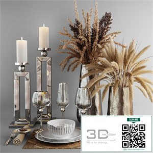 Decorative set with dishes and bouquets of dry grass