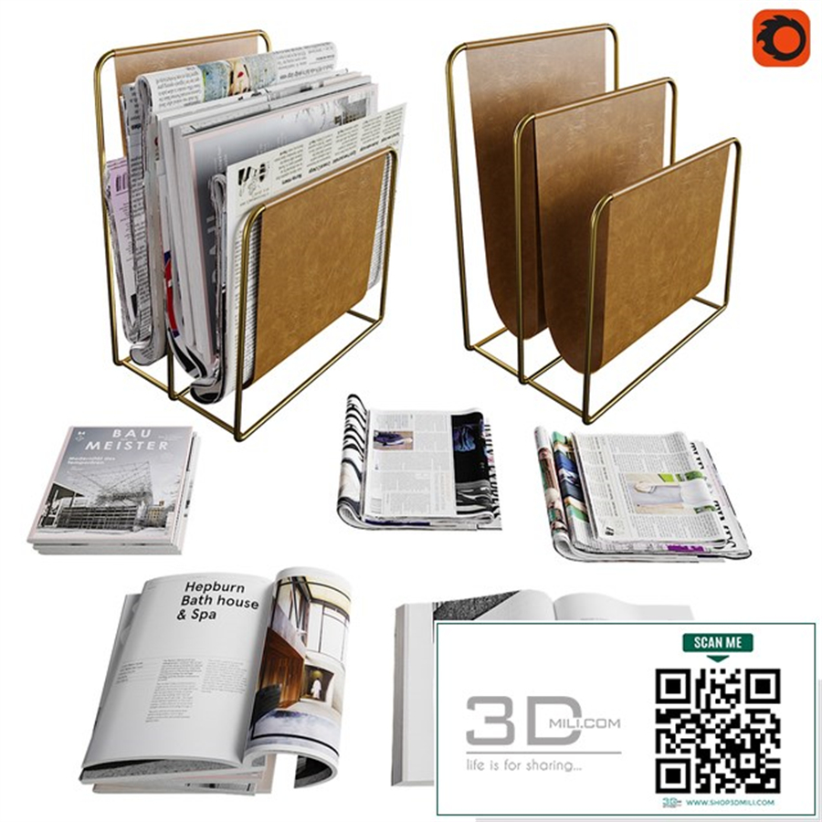 Newspaper box and set of magazines and newspapers