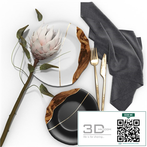 Decorative set of wabi-sabi plates and protea flower