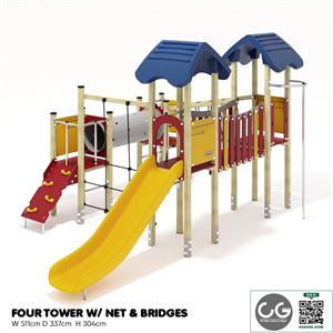 KOMPAN. FOUR TOWERS WITH NETWORK AND BRIDGES
