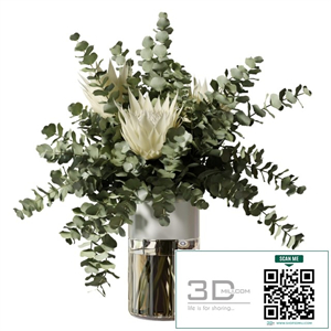 Bouquet with three white proteas and eucalyptus branches in a glass vase