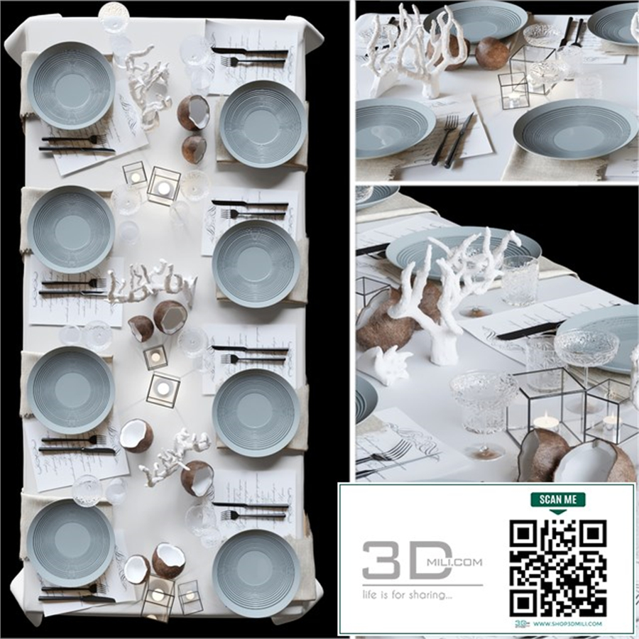 Table setting with collectible crockery, candles and marine-style corals