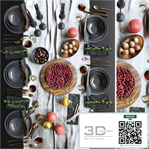 Beautiful table setting with black dishes with fruits, nuts and candlesticks. Service