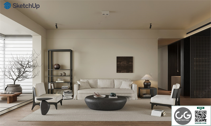 New Chinese style medieval style living room SU model 