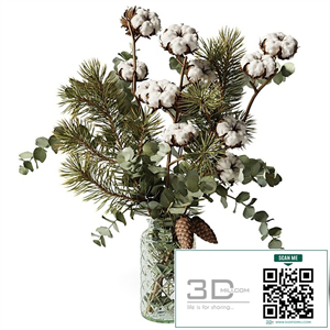 Bouquet of eucalyptus, pine and cotton in a glass vase