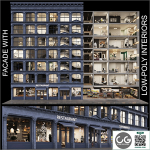 Facade with 20 residential and public low-poly interiors