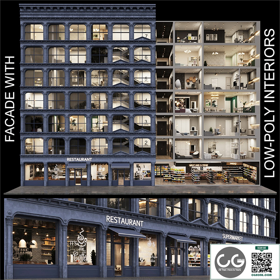 Facade with 20 residential and public low-poly interiors