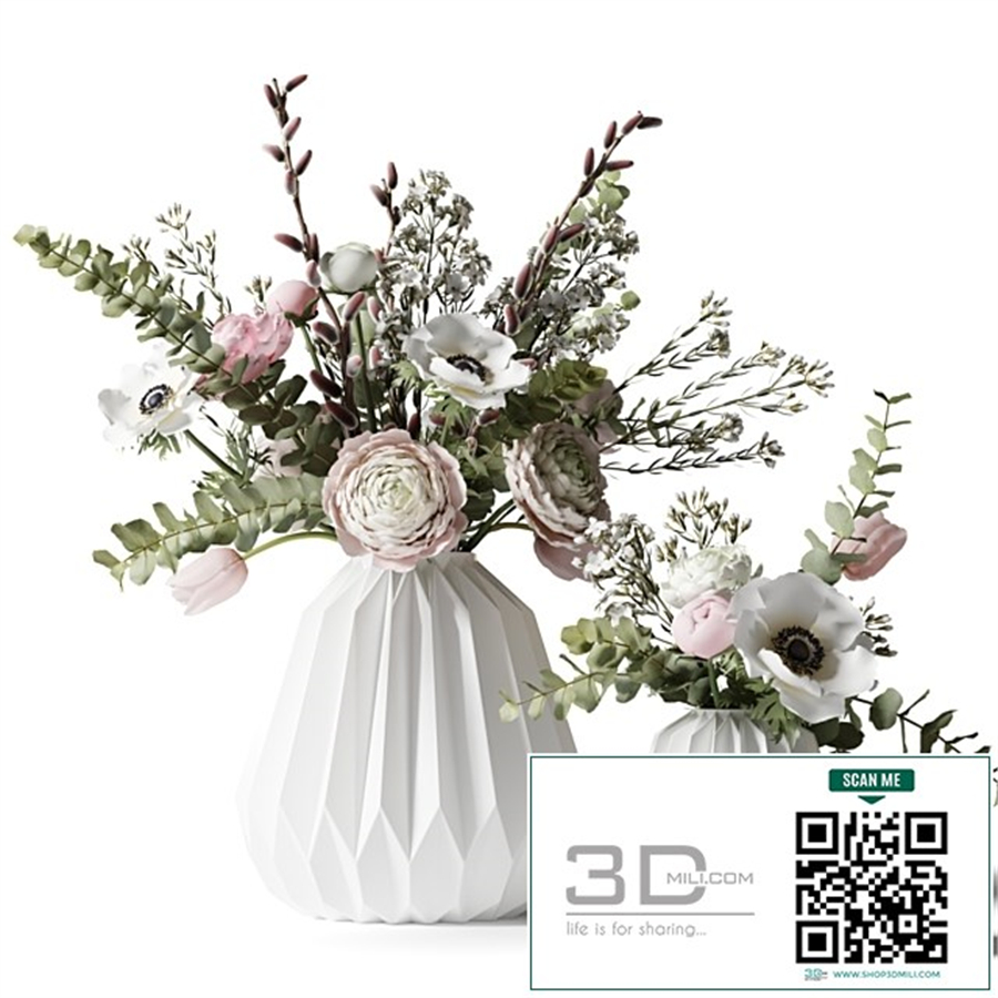 Two bouquets in white ribbed vases