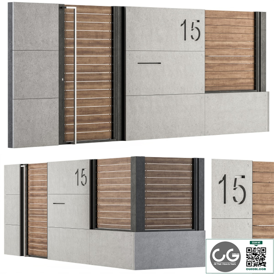 Concrete and Wood Fence Set 02