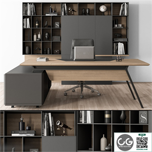 Manager Desk and Library Wood and Black - Office Furniture 266