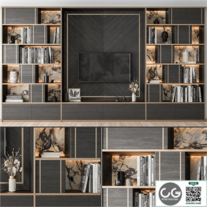 TV Wall Black Wood with Stone Slab - Set 32