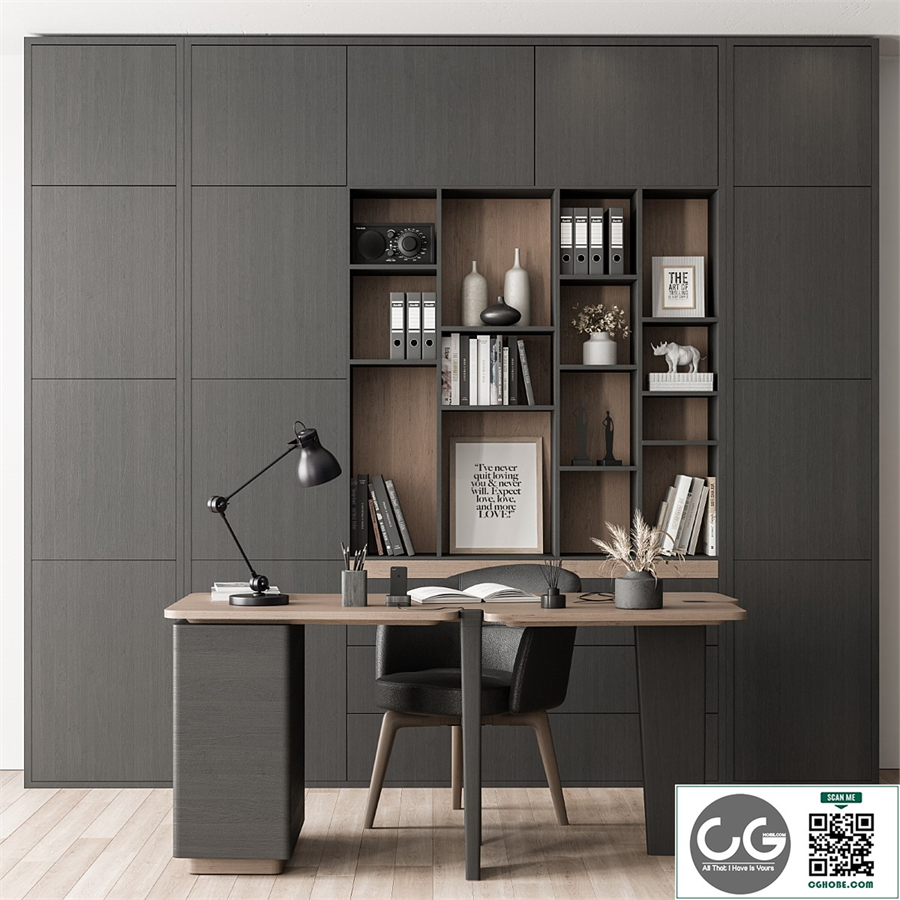 Home Office Desk and Library Gray Set - Office Furniture 286
