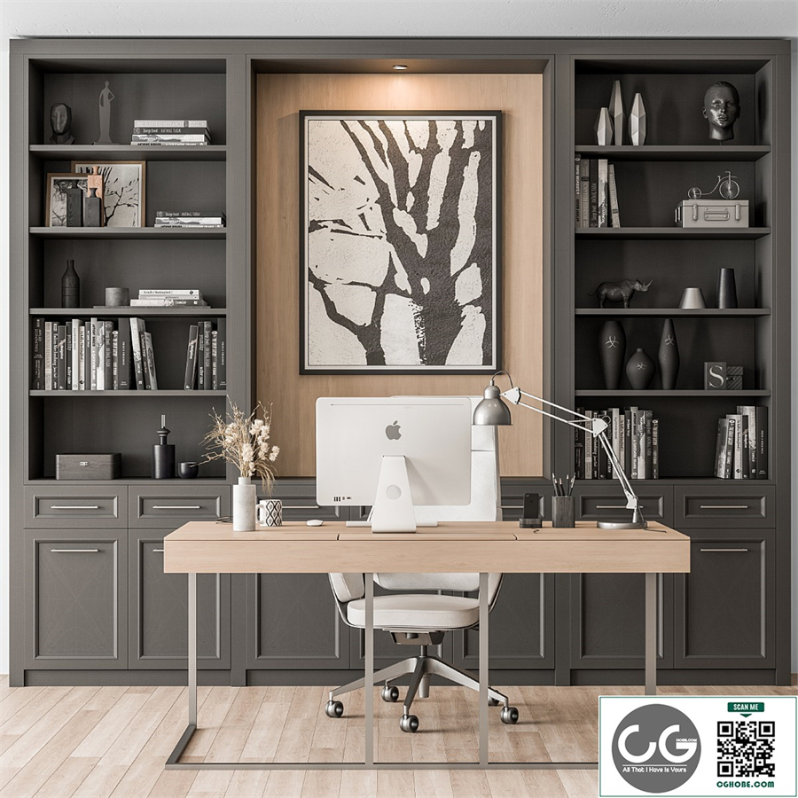 Home Office Desk and Library Gray Set - Office Furniture 279