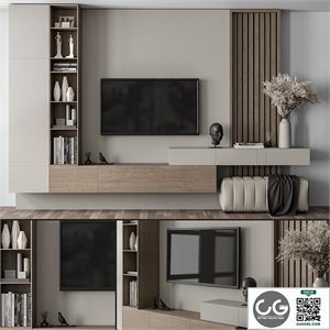 TV Wall Gray and Wood with Hallway Cabinet - Set 37