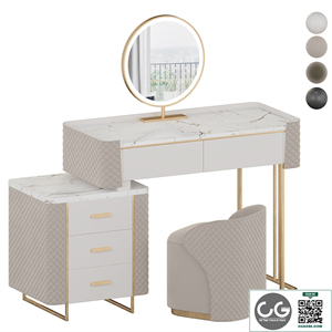 Luxury Makeup Vanity Set with LED Lighted Mirror, Side Cabinet and 5 Drawers, Modern Sintered Stone Dressing Table with Stool for Bedroom