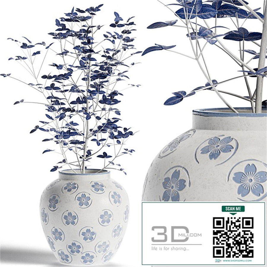 Blue Floral Vase with Plant