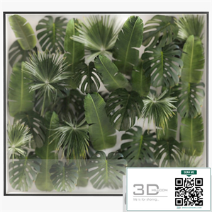 Phytowall and phytobox made of banana palm branches and fan palm leaves in a niche behind a translucent stack. Bouquet 287.