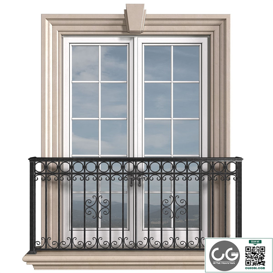 Classical front window with a French balcony.Classical Forged Fence. frame window