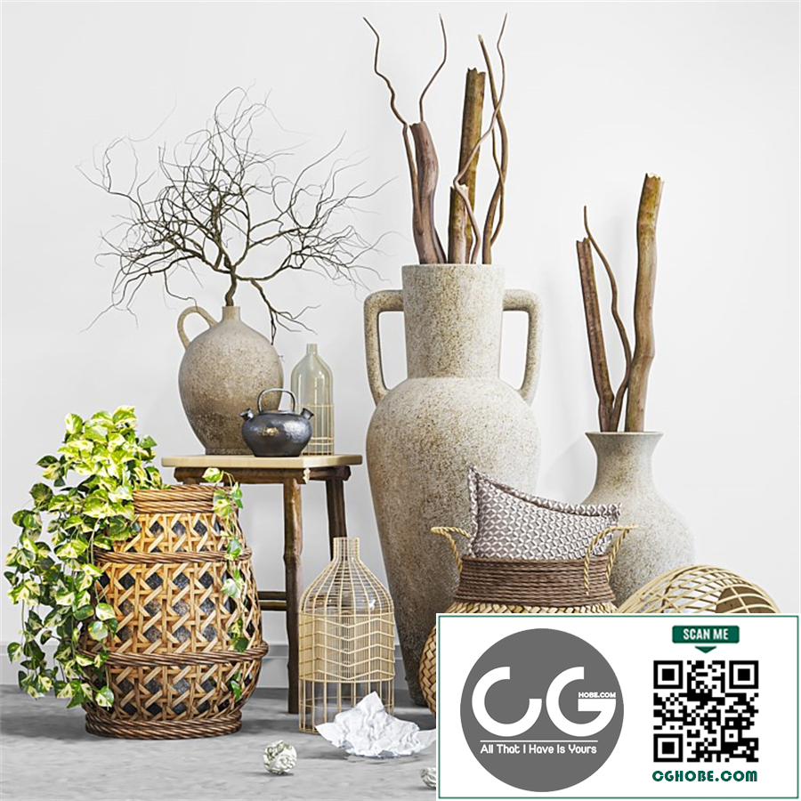 boho set with woven bamboo baskets