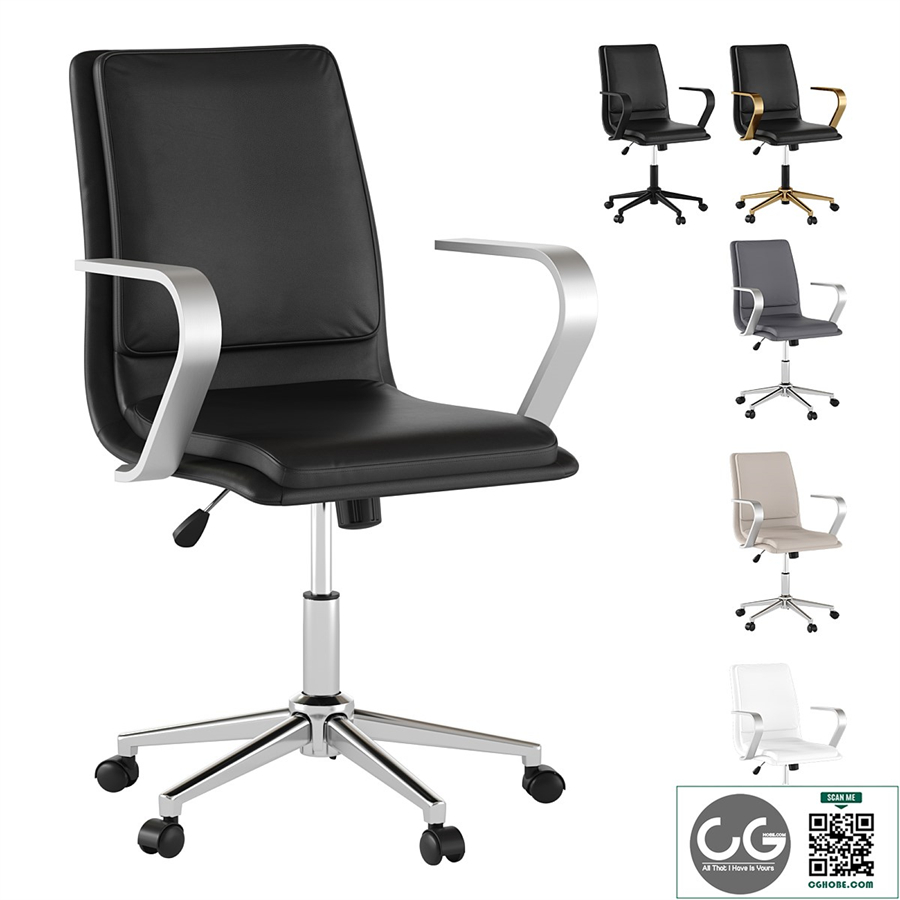 mid-back leather office chair with brushed metal armrests