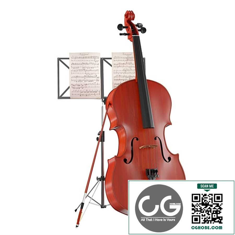 Wood Instrument Cello with stand and music sheet
