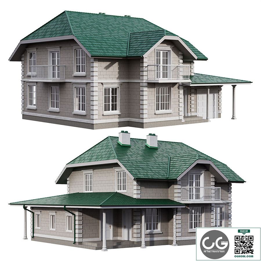 Two-story house in a classic style with facade stucco and columns