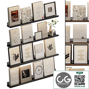Shelves with beige books and paintings