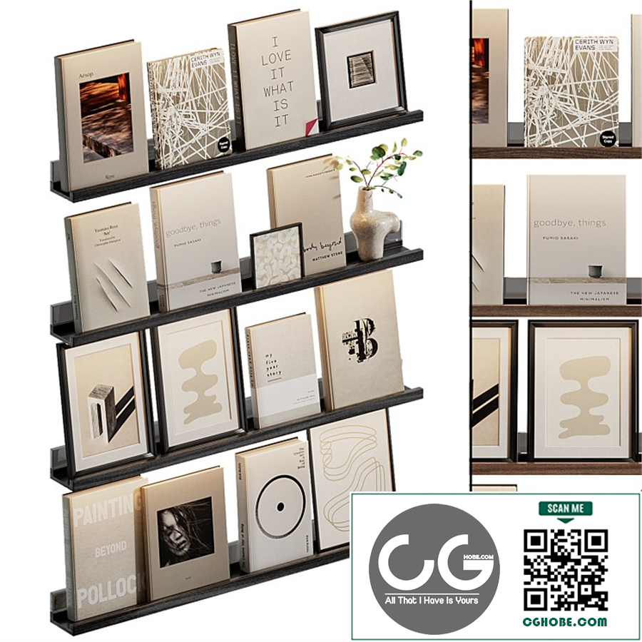 Shelves with beige books and paintings