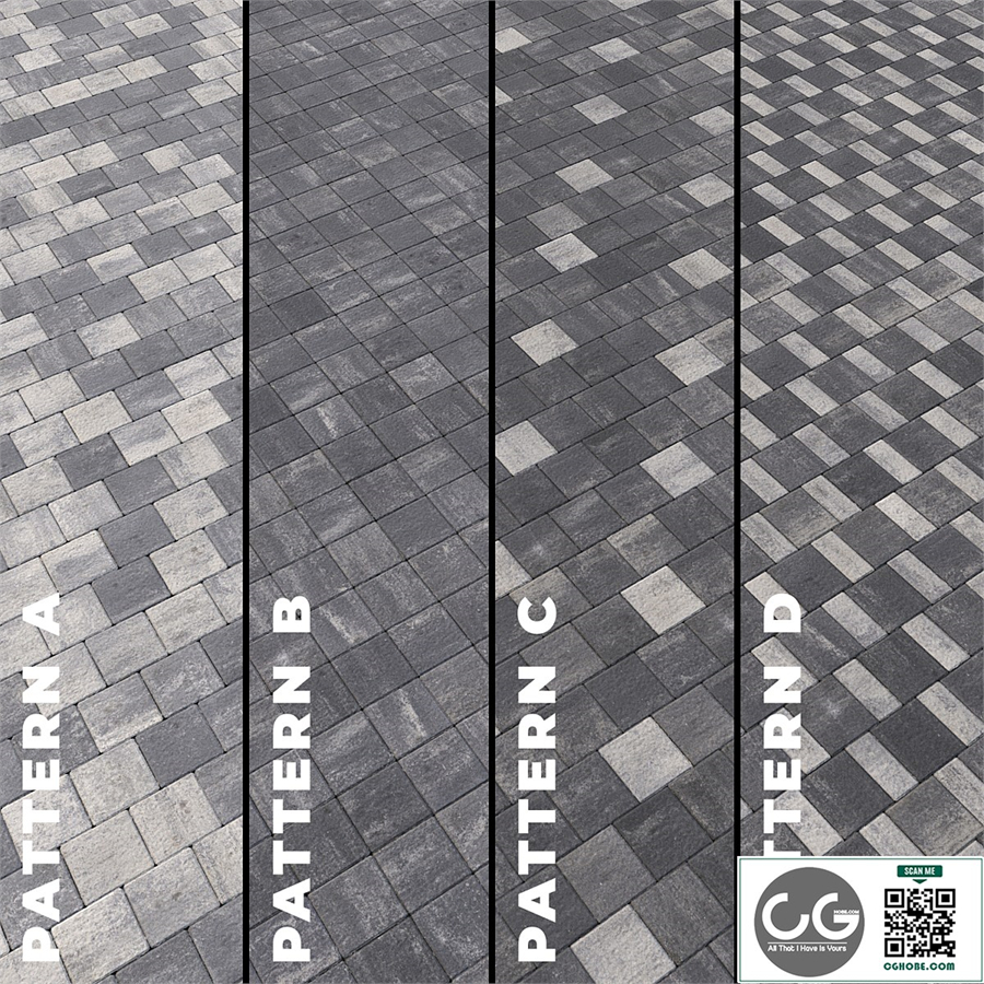 Set of four types of gray paving stones with texture 6290