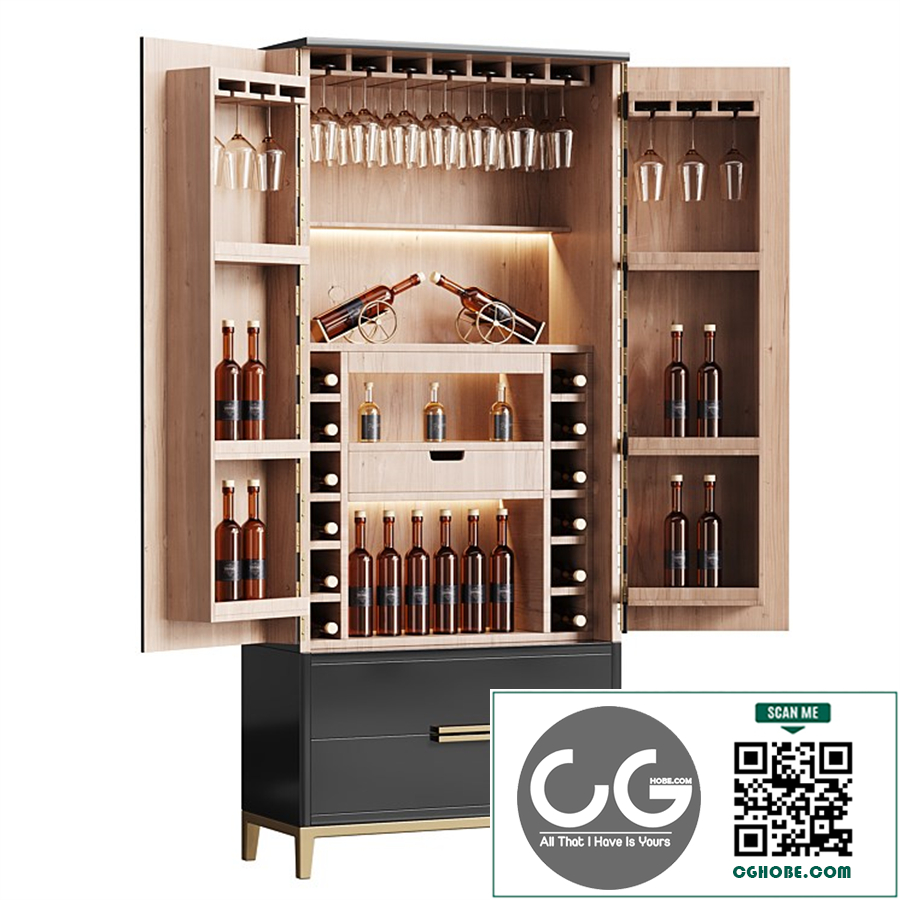 Modern Wine cabinet with dishes and glasses 03
