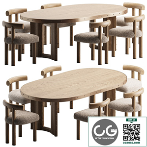 Dining set 3 - Oval Oak Wood and Unlacquered Brass Dining Table and chair