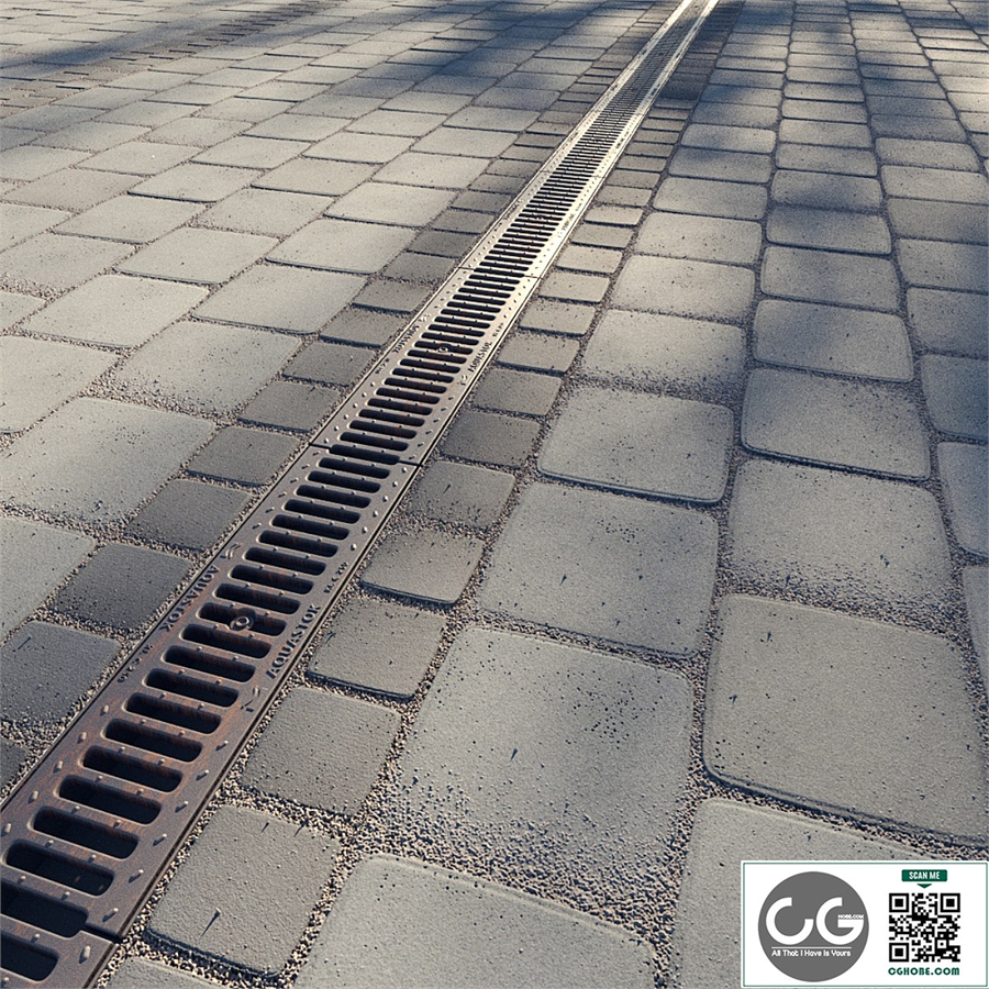 Paving slabs and storm grate